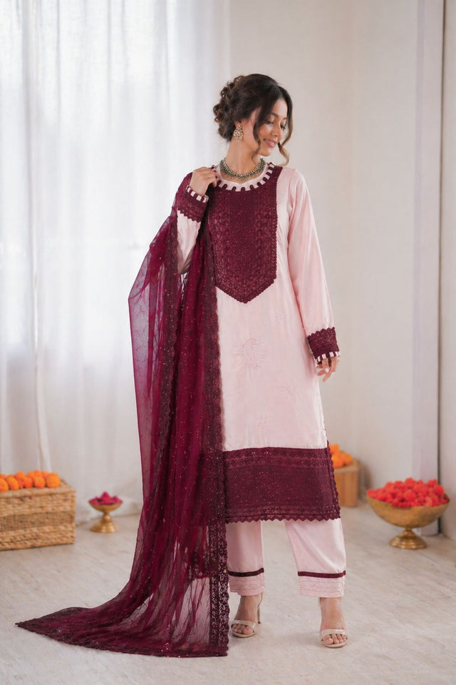 Light Pink Embroidered Crepe Straight Cut Suit (KD-1593)