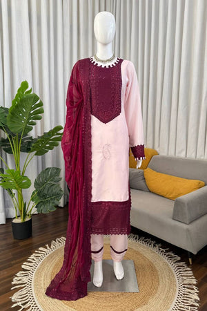 Light Pink Embroidered Crepe Straight Cut Suit (KD-1593)