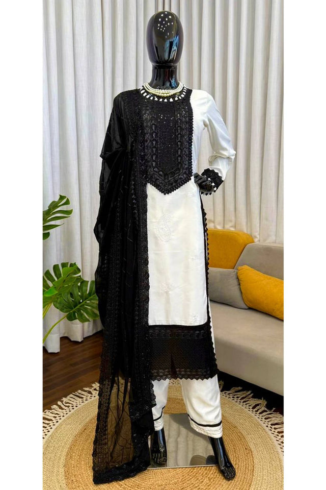 Off White Embroidered Crepe Straight Cut Suit (KD-1593-off white)