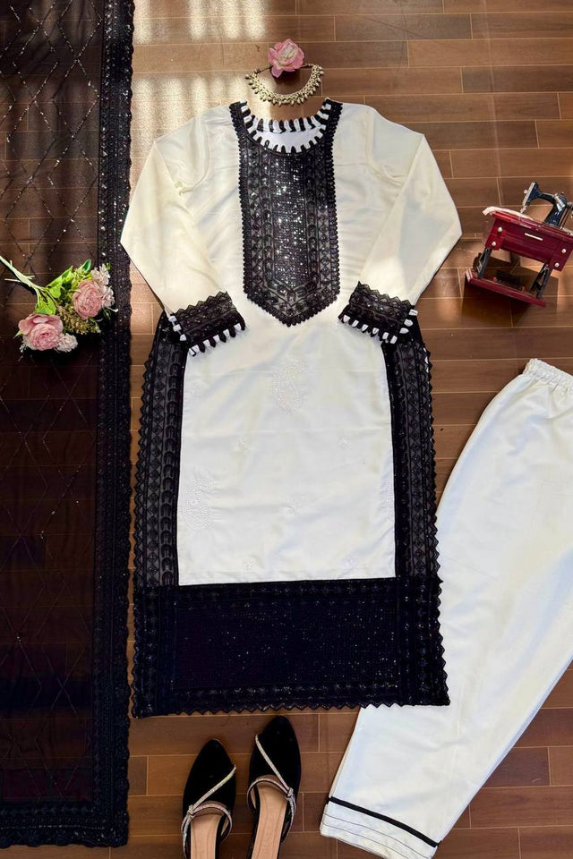 Off White Embroidered Crepe Straight Cut Suit (KD-1593-off white)