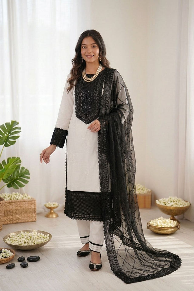 Off White Embroidered Crepe Straight Cut Suit (KD-1593-off white)