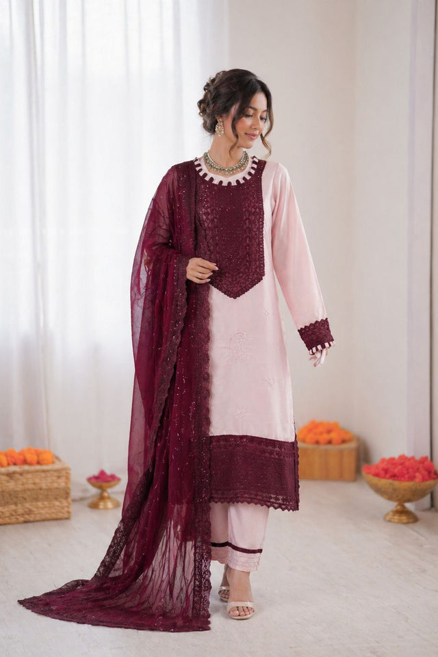 Light Pink Embroidered Crepe Straight Cut Suit (KD-1593)