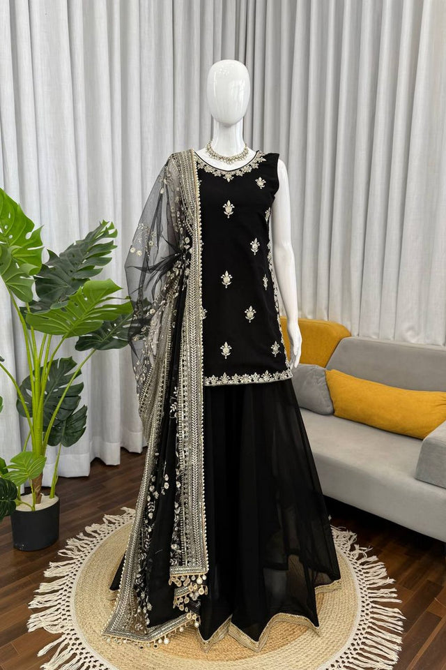 Black Embroidered Georgette Sharara Suit (KD-1594)
