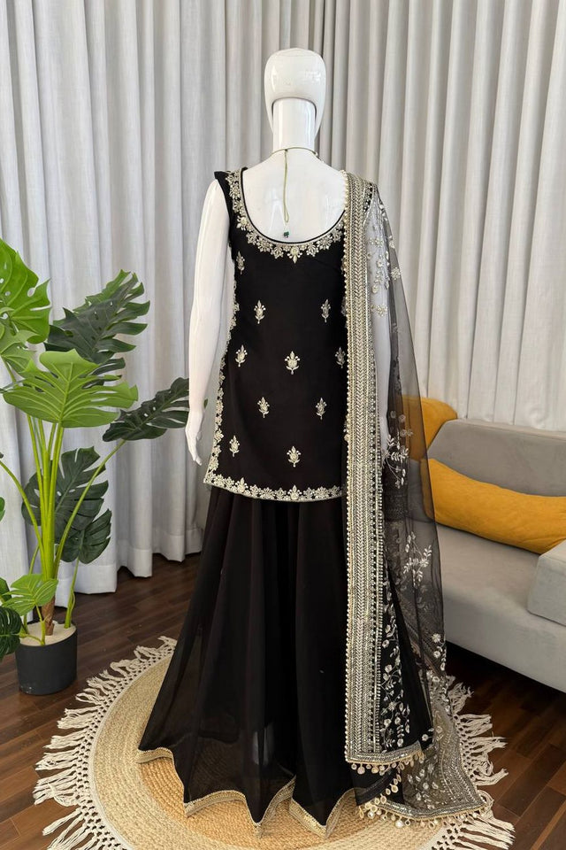 Black Embroidered Georgette Sharara Suit (KD-1594)