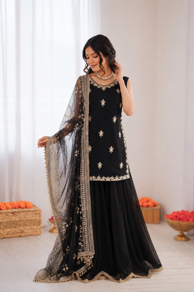 Black Embroidered Georgette Sharara Suit (KD-1594)