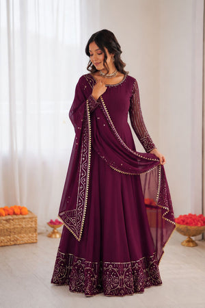 Wine Embroidered Georgette Anarkali Suit (KD-1596)