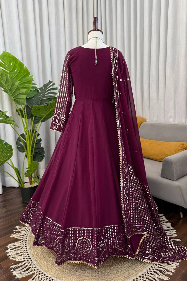Wine Embroidered Georgette Anarkali Suit (KD-1596)