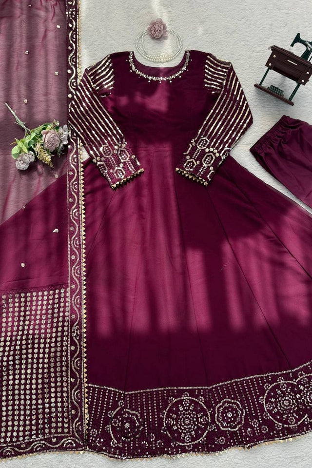Wine Embroidered Georgette Anarkali Suit (KD-1596)