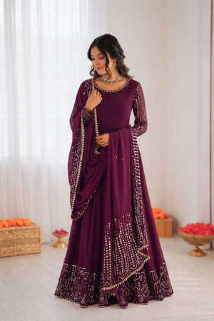 Wine Embroidered Georgette Anarkali Suit (KD-1596)