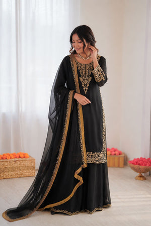 Black Floral Embroidered Georgette Sharara Suit (KD-1599-black)