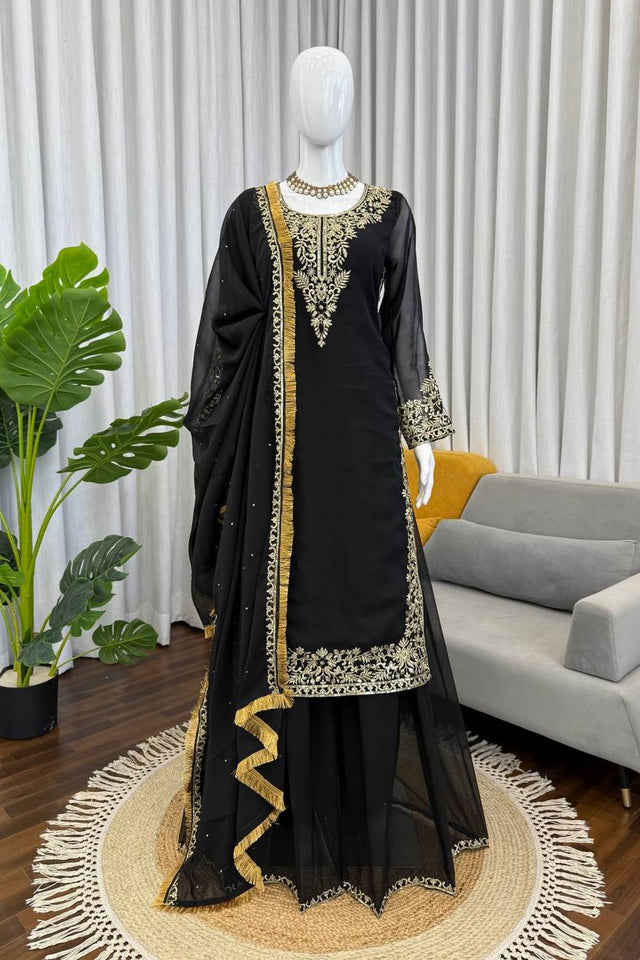 Black Floral Embroidered Georgette Sharara Suit (KD-1599-black)
