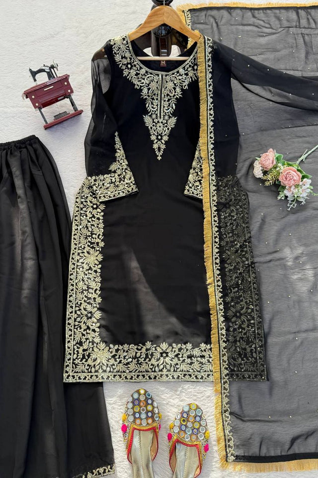 Black Floral Embroidered Georgette Sharara Suit (KD-1599-black)