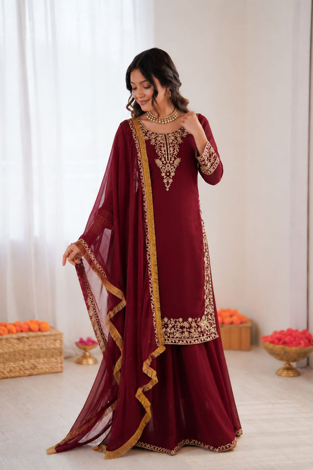 Maroon Floral Embroidered Georgette Sharara Suit (KD-1599-maroon)