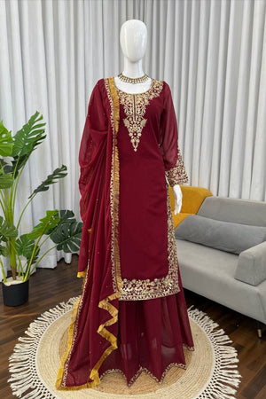 Maroon Floral Embroidered Georgette Sharara Suit (KD-1599-maroon)