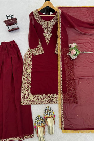 Maroon Floral Embroidered Georgette Sharara Suit (KD-1599-maroon)
