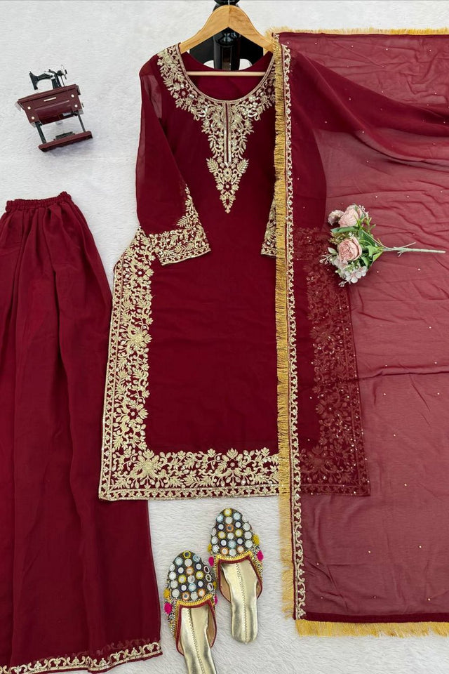 Maroon Floral Embroidered Georgette Sharara Suit (KD-1599-maroon)