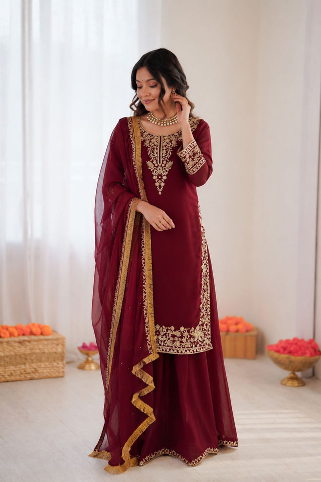 Maroon Floral Embroidered Georgette Sharara Suit (KD-1599-maroon)