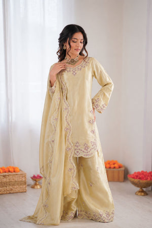Cream Floral Embroidered Art Silk Palazzo Suit (KD-1600-cream)