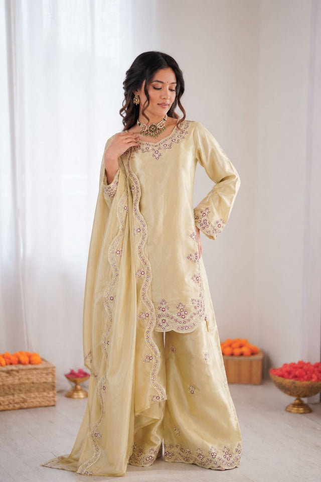 Cream Floral Embroidered Art Silk Palazzo Suit (KD-1600-cream)