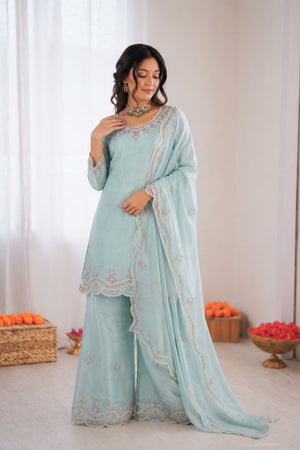 Blue Floral Embroidered Art Silk Palazzo Suit (KD-1600-light sky blue)