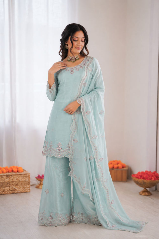 Blue Floral Embroidered Art Silk Palazzo Suit (KD-1600-light sky blue)