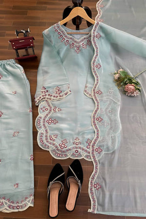 Blue Floral Embroidered Art Silk Palazzo Suit (KD-1600-light sky blue)