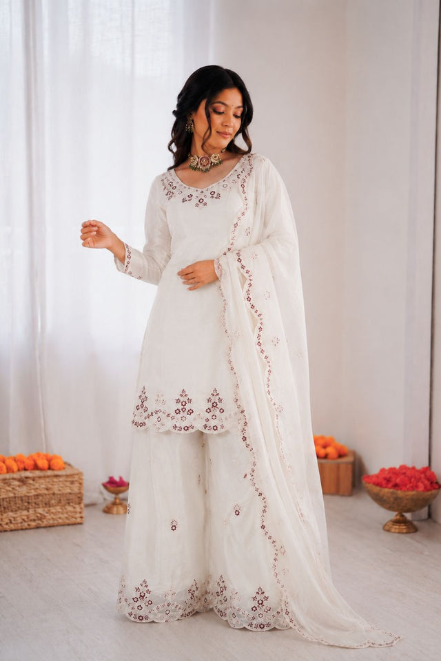 Off White Floral Embroidered Art Silk Palazzo Suit (KD-1600-off white)