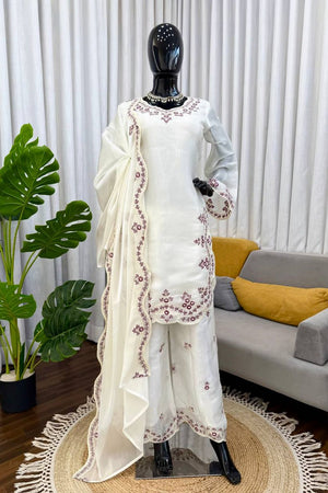 Off White Floral Embroidered Art Silk Palazzo Suit (KD-1600-off white)