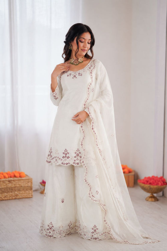Off White Floral Embroidered Art Silk Palazzo Suit (KD-1600-off white)