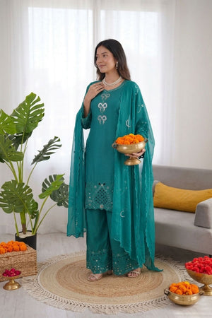 Turquoise Floral Embroidered Crepe Straight Cut Suit (KD-1603)