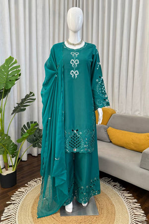 Turquoise Floral Embroidered Crepe Straight Cut Suit (KD-1603)