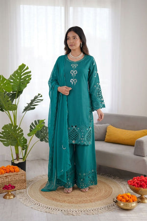 Turquoise Floral Embroidered Crepe Straight Cut Suit (KD-1603)