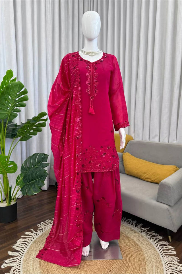 Pink Floral Embroidered Chanderi Straight Cut Suit (KD-1604-pink)