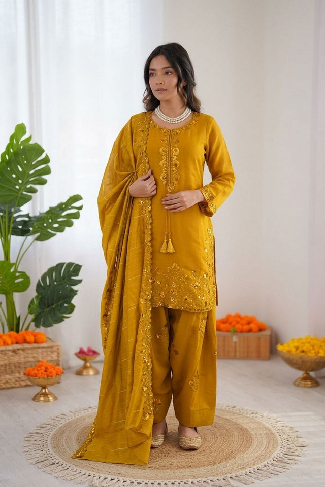 Yellow Floral Embroidered Chanderi Straight Cut Suit (KD-1604-yellow)