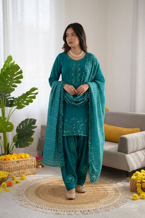 Turquoise Floral Embroidered Chanderi Straight Cut Suit (KD-1604)