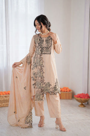Peach Floral Embroidered Chanderi Straight Cut Suit (KD-1609)