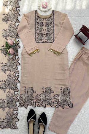 Peach Floral Embroidered Chanderi Straight Cut Suit (KD-1609)
