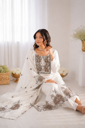 Off White Floral Embroidered Art Silk Straight Cut Suit (KD-1609-off white)