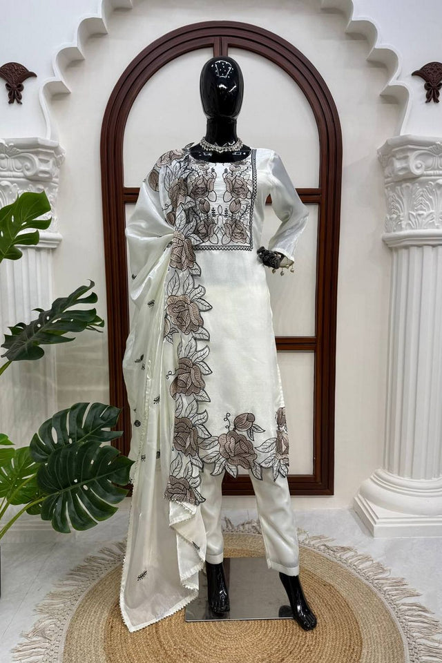 Off White Floral Embroidered Art Silk Straight Cut Suit (KD-1609-off white)