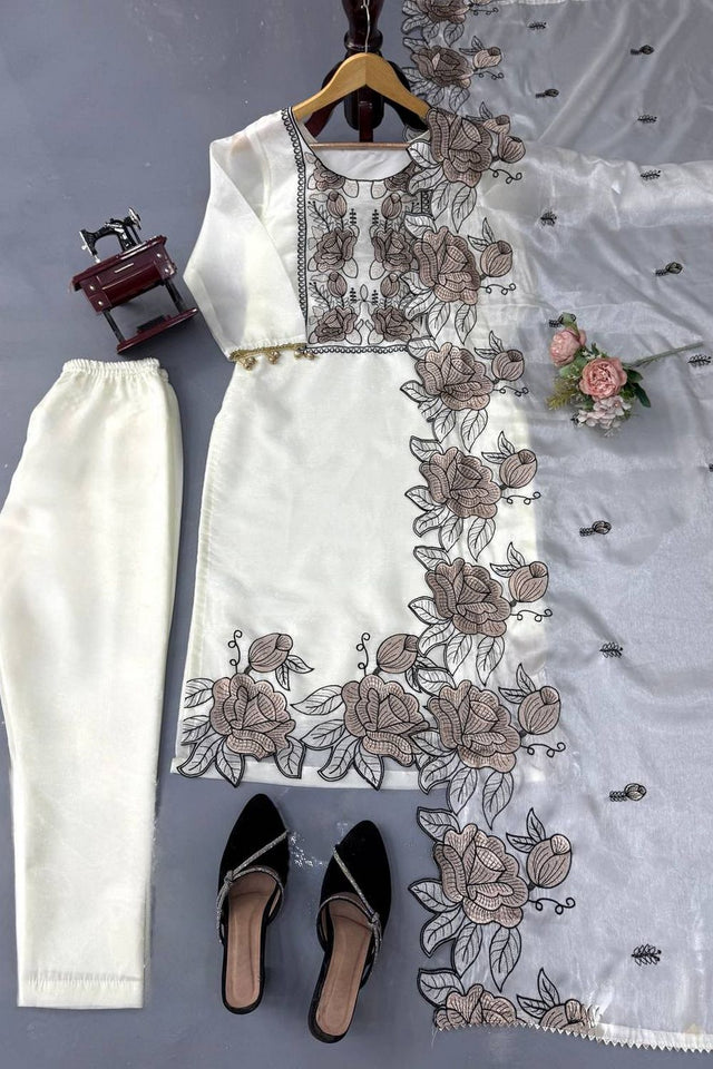 Off White Floral Embroidered Art Silk Straight Cut Suit (KD-1609-off white)