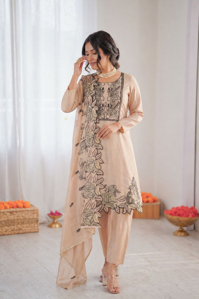 Peach Floral Embroidered Chanderi Straight Cut Suit (KD-1609)