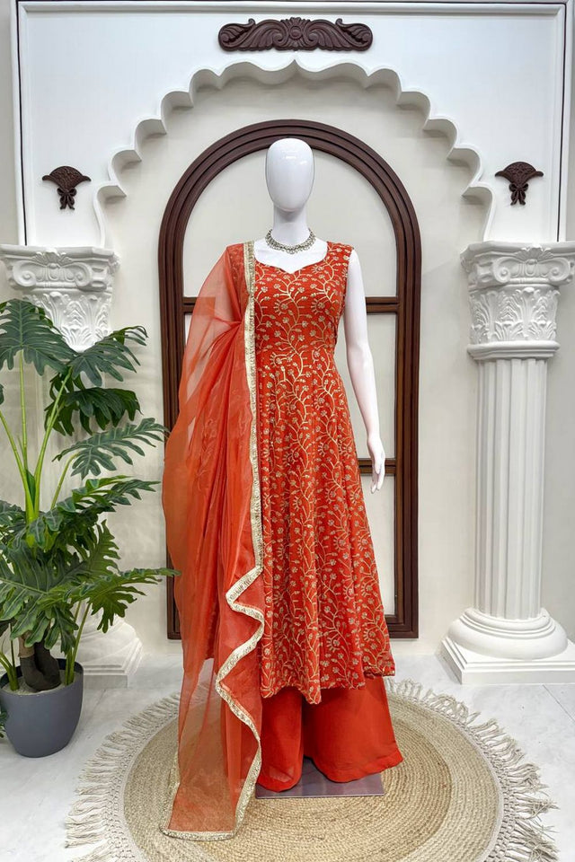 Orange Embroidered Georgette Palazzo Suit (KD-1610)