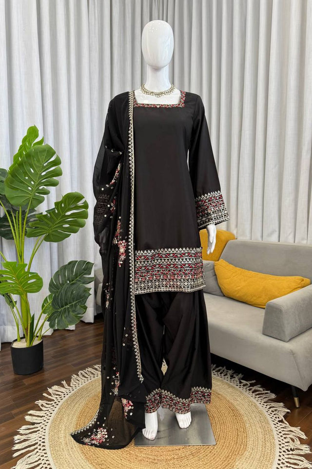 Black Embroidered Crepe Palazzo Suit (KD-1611)