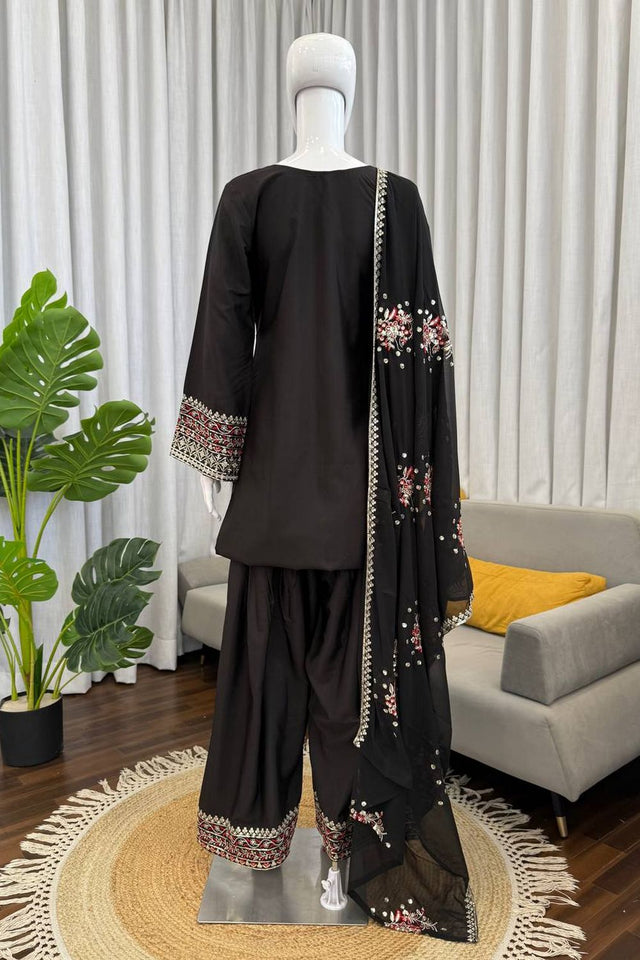 Black Embroidered Crepe Palazzo Suit (KD-1611)