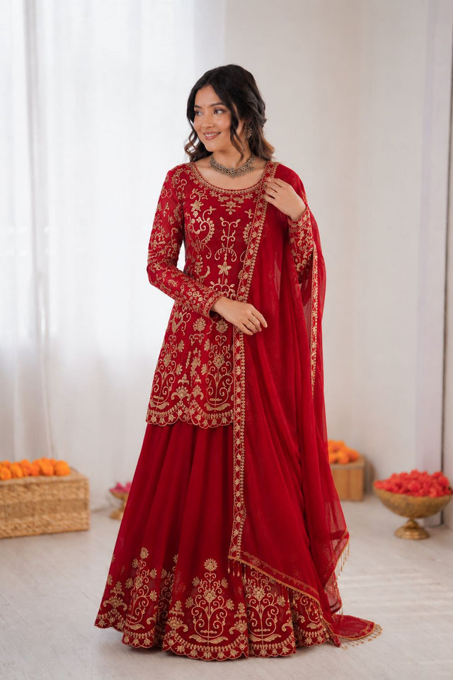 Red Floral Embroidered Georgette Palazzo Suit (KD-1612)