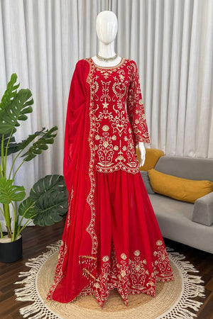 Red Floral Embroidered Georgette Palazzo Suit (KD-1612)