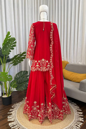 Red Floral Embroidered Georgette Palazzo Suit (KD-1612)