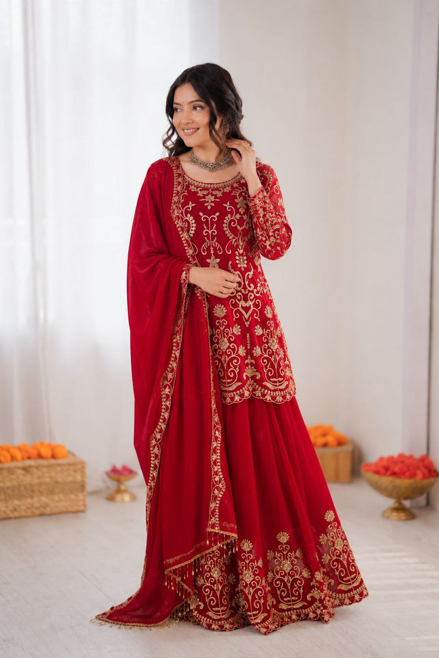 Red Floral Embroidered Georgette Palazzo Suit (KD-1612)