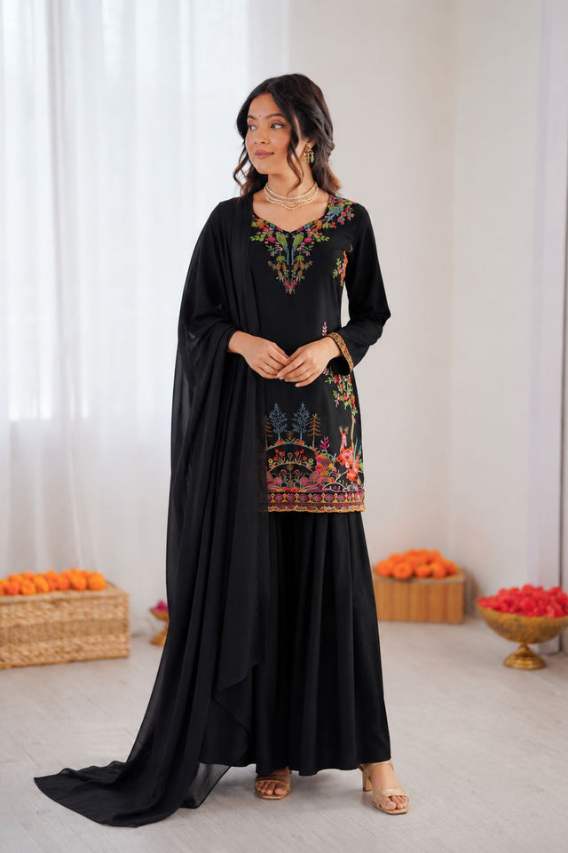 Black Embroidered Rayon Sharara Suit (KD-1616-black)