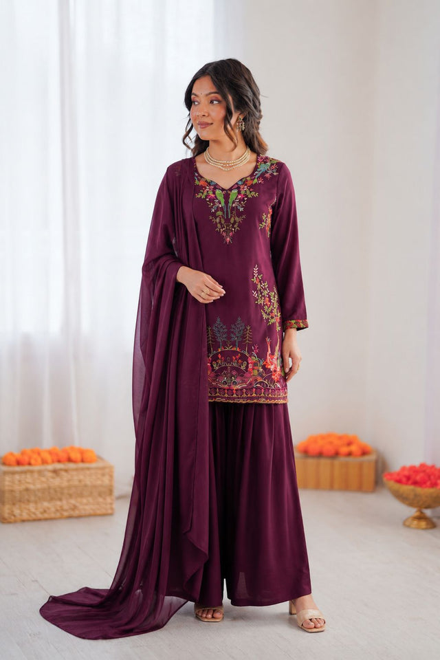 Purple Embroidered Rayon Sharara Suit (KD-1616-purple)